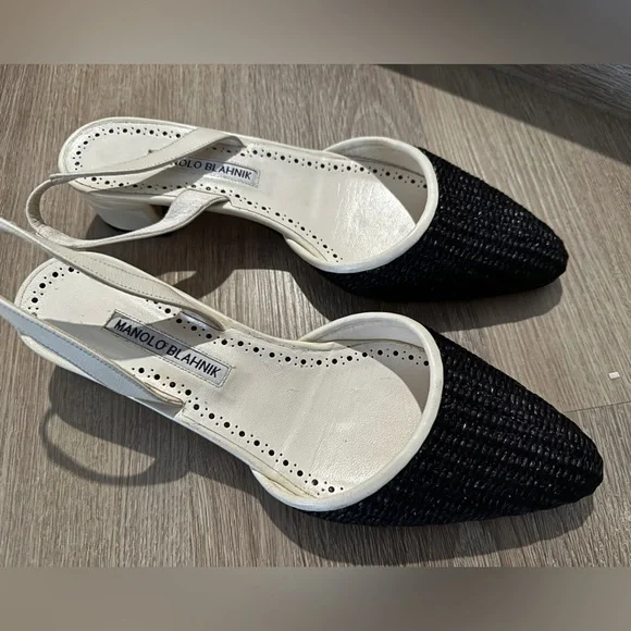 New Manolo Blahnik Raffro Woven Raffia Ballerina Pumps White/Black Size 38.5 - Picture 3 of 10